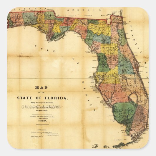 Sticker Carré Carte de l'État de Floride (1856) (Devant)