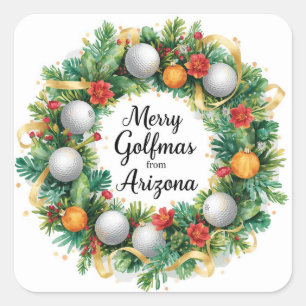 Sticker Carré Carte de Noël Golf Arizona avec couronne de golf