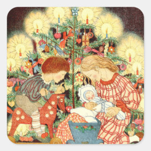 Sticker Carré Carte de Noël Vintage   Arbre de Noël Enfants G
