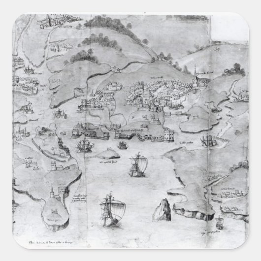 Sticker Carré Carte de Plymouth, c.1539 (Devant)