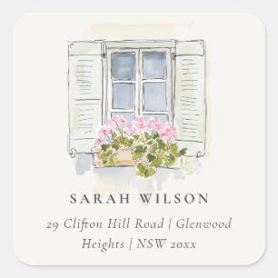 Sticker Carré Carte de réadressage de cottage vintage floral fen