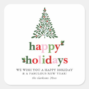 Sticker Carré Carte de vacances de Noël Holly Merry & Bright