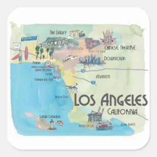 Sticker Carré Carte de Vintage voyage de Los Angeles la