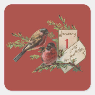 Sticker Carré Carte de Vœux Antique d'Oiseaux de Nouvel An