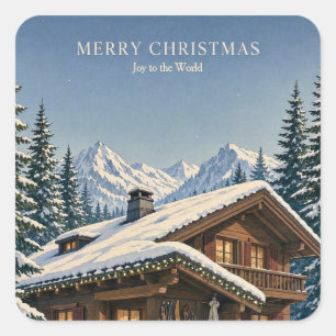Sticker Carré Carte de vœux de Noël Chalet Alpin Cosy Hiver enne