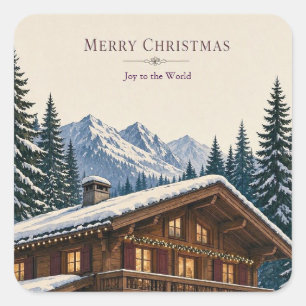 Sticker Carré Carte de vœux de Noël Chalet alpin hivernal enneig