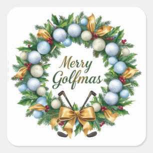 Sticker Carré Carte de vœux de Noël Golf avec couronne de golf