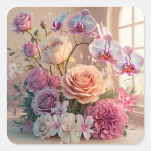Sticker Carré Carte de voeux Fleurs de Printemps 3D avec Roses