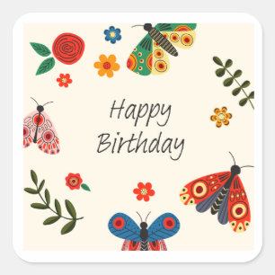 Sticker Carré Carte de vœux florale papillon Joyeux Anniversaire