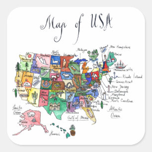 Sticker Carré Carte des attractions des Etats-Unis d'Amérique