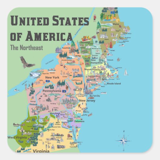 Sticker Carré Carte des États-Unis du Nord-Est (Devant)