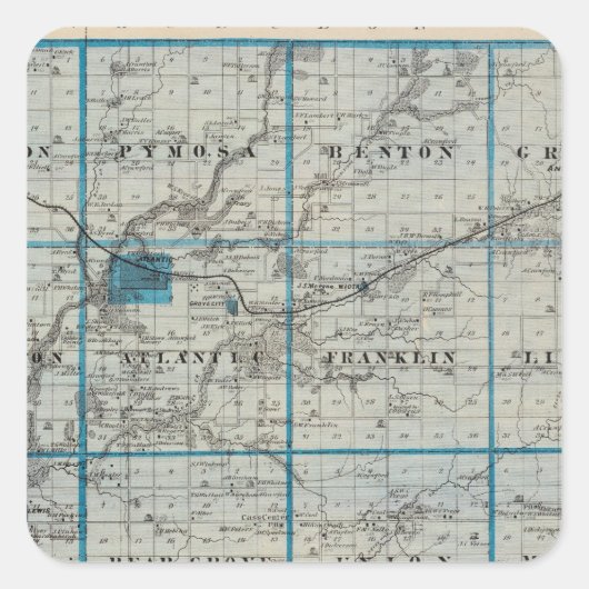 Sticker Carré Carte du comté de Cass, État de l'Iowa (Devant)