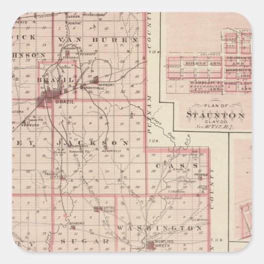 Sticker Carré Carte du comté de Clay avec Staunton, Harmony (Devant)