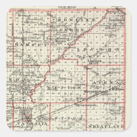 Sticker Carré Carte du comté de Fayette, Mt Vernon et McLeansbor (Devant)