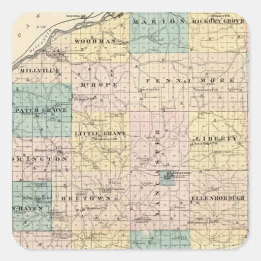 Sticker Carré Carte du comté de Grant et du village de Lancaster (Devant)