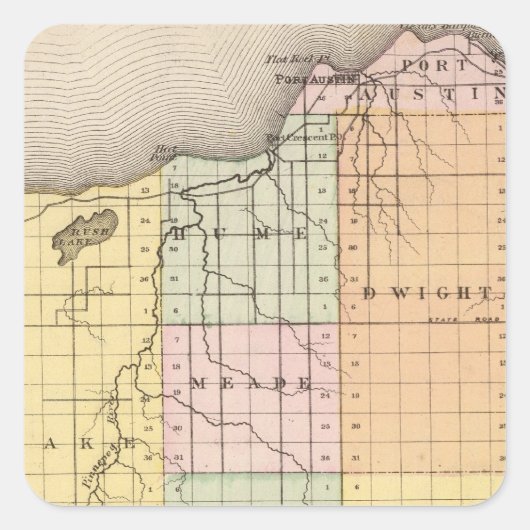 Sticker Carré Carte du comté de Huron, Michigan (Devant)