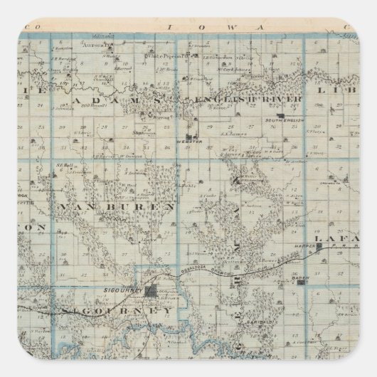 Sticker Carré Carte du comté de Keokuk, État de l'Iowa (Devant)