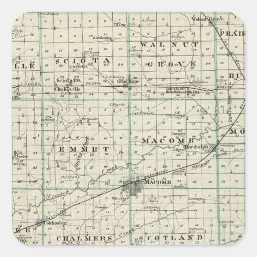 Sticker Carré Carte du comté de McDonough, Rushville (Devant)