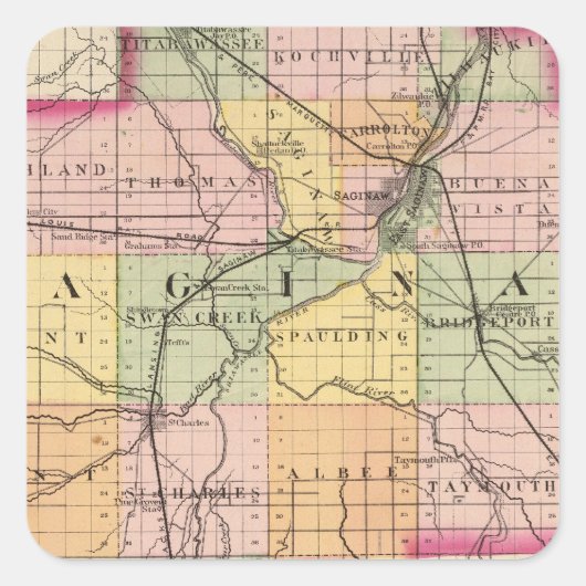 Sticker Carré Carte du comté de Saginaw, Michigan (Devant)