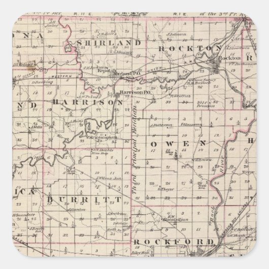 Sticker Carré Carte du comté de Winnebago et du Belvidere (Devant)