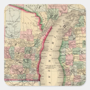 Sticker Carré Carte du Michigan, le Wisconsin par Mitchell