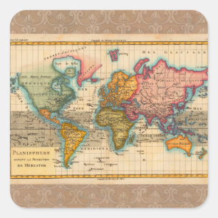 Sticker Carré Carte du monde 1700s Antique Continents