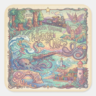 Sticker Carré Carte illustrée de Santa Cruz Californie Dreamscap