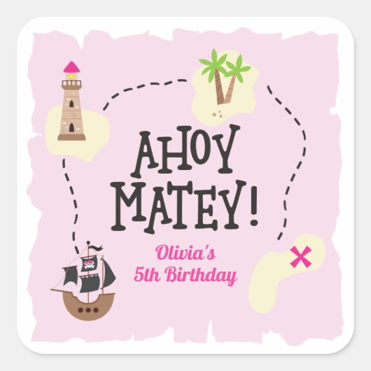 Sticker Carré Carte Pirate Anniversaire rose (Devant)