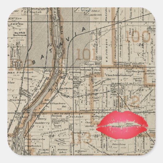 Sticker Carré Carte Plat Batavia Illinois 1870 Fox River Valley (Devant)