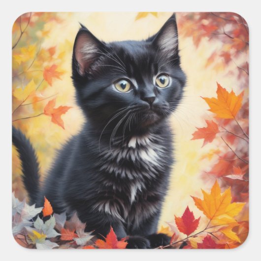 Sticker Carré Carte Plat de scène d'automne Black Kitten (Devant)
