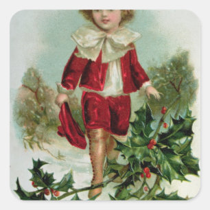 Sticker Carré Carte postale de Noël victorienne représentant un 