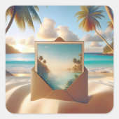 Sticker Carré Carte Postale Tropical Island En Enveloppe (Devant)