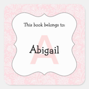 Sticker Carré Cartes de plaque de monogramme Damas rose