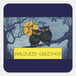 Sticker Carré Cartes de vœux Halloween vintage, Hiboux dans l'ar