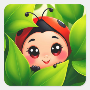Sticker Carré Cartoon adorable Ladybug