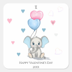 Sticker Carré Cartoon Eléphant mignon Personnalisé Valentine's