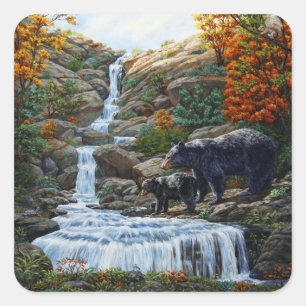 Sticker Carré Cascade Mère et Cube Ours Noir