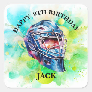 Sticker Carré Casque de fête d'anniversaire de hockey sur aquare