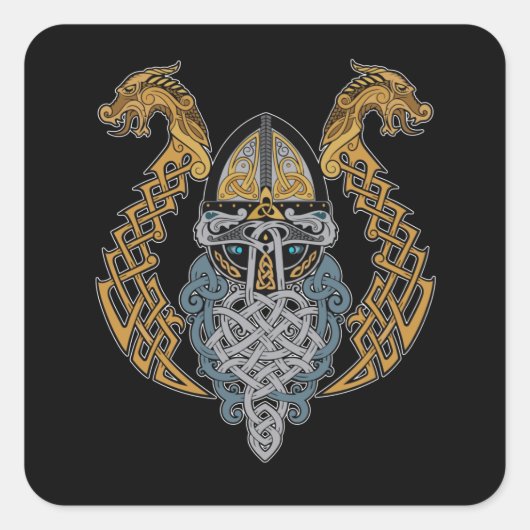 Sticker Carré Casque Viking Dragon Valknut Valhalla God Odin (Devant)