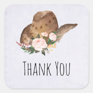 Sticker Carré Casquette Brown Cowgirl avec Merci de fleurs roses