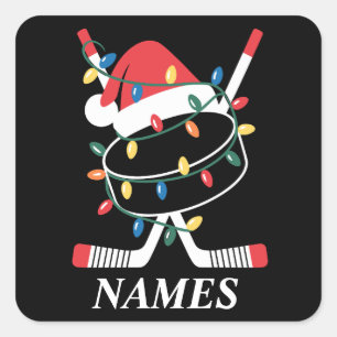 Sticker Carré Casquette de Noël personnalisée avec nom Hockey Xm
