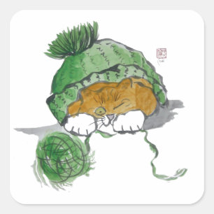 Sticker Carré Casquette Knit chaud et un Kitten