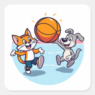 Sticker Carré Cat and Dog joue au basket-ball