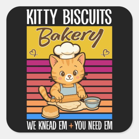 Sticker Carré Cat Kneading Baker Kitty Biscuits We Knead Em You (Devant)