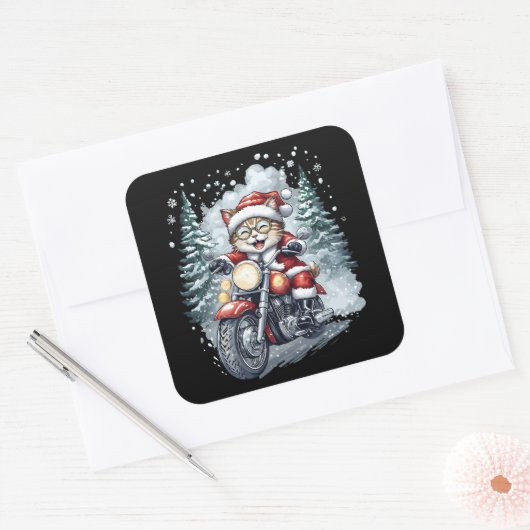 Sticker Carré Cat Santa Motorcycle Black Background (Enveloppe)