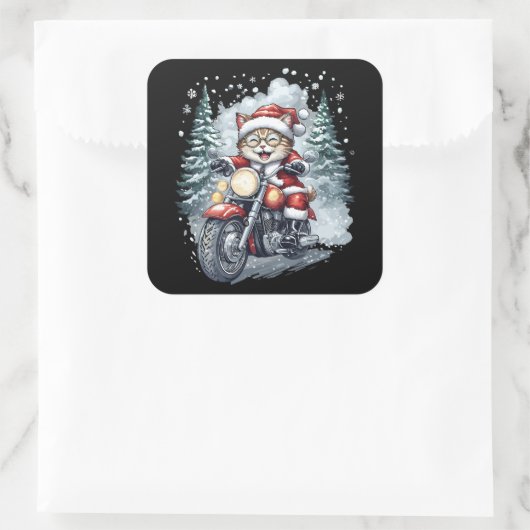 Sticker Carré Cat Santa Motorcycle Black Background (Sac)