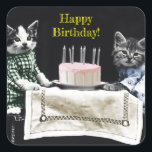 Sticker Carré Cats celebrating a birthday with cake and candles<br><div class="desc">Cute and funny vintage photograph of two dressed cats sitting in a chair on a table,  celebrating a birthday with cake and candles. Personalize by adding your own text.</div>