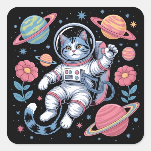 Sticker Carré Catstronaut cosmique dans Neon Space Vaporwave (Devant)