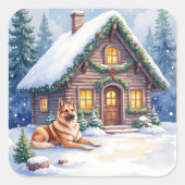 Sticker Carré Caucasian Shepherd Dog Mountain Cabin Christmas (Devant)
