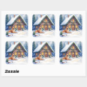 Sticker Carré Caucasian Shepherd Dog Mountain Cabin Christmas (Feuille)